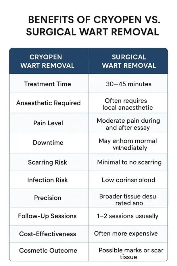 Table showing the benefits of cryopen to remove warts Dunstable compared to surgical treatment